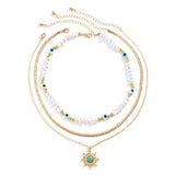 Ethnic Sunflower Pine Stone Pendant Necklace Vintage Pearl Eyes