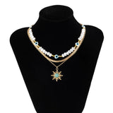 Ethnic Sunflower Pine Stone Pendant Necklace Vintage Pearl Eyes