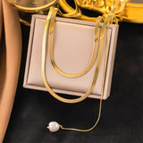 316L Stainless Steel 3 Layer Pearl Pendant Flat Snake Bone Chain Necklace