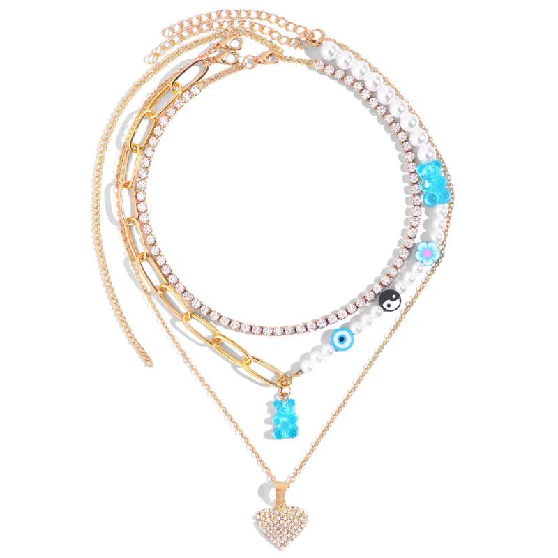 Bear Pendant Beaded Choker Necklace Crystal Heart Yin Yang Pearl Beads Necklace