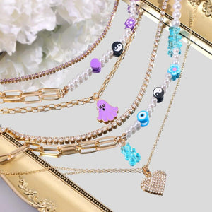 Bear Pendant Beaded Choker Necklace Crystal Heart Yin Yang Pearl Beads Necklace