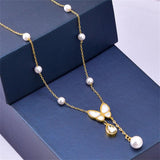 316L Stainless Steel Seashells Butterfly Zircon Tassel Pendant Necklace