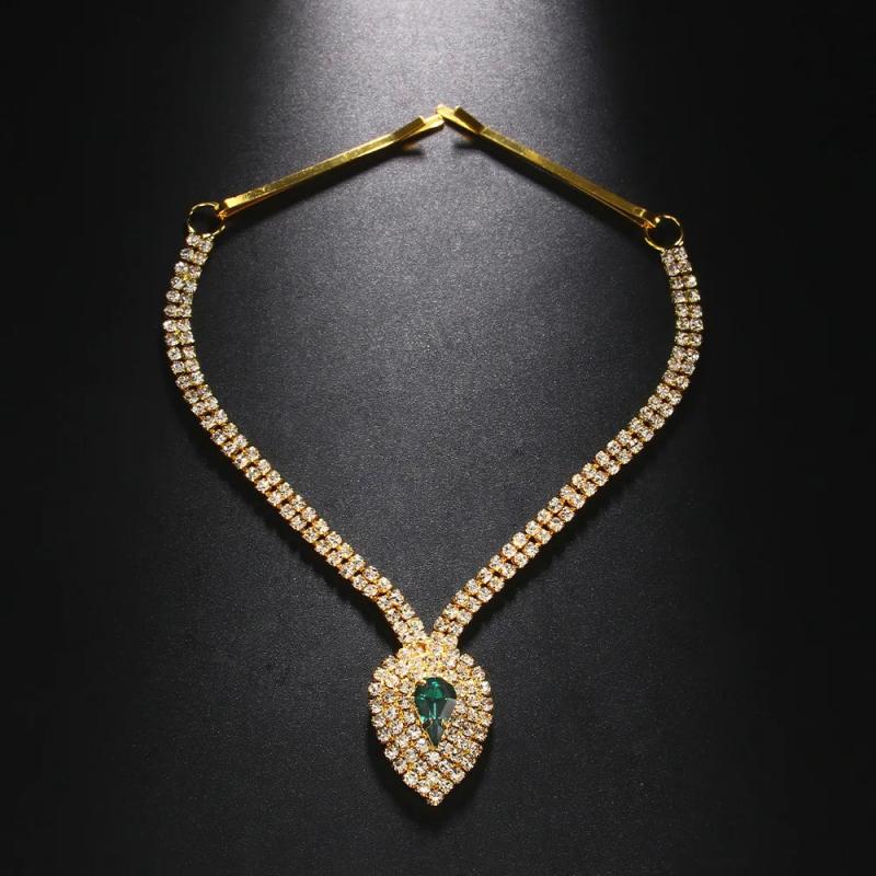 Vintage Rhinestone Crystal Green Water Drop Pendant Head Chain