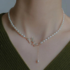 Necklace Butterfly Zircon Pearl Pendant Chain Women Jewelry Hot Party Gift Style