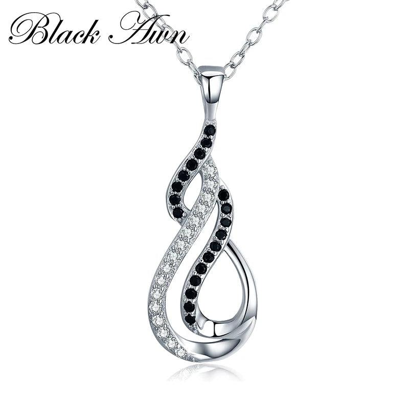 Fine Silver Black&White Stone Necklace Women P186