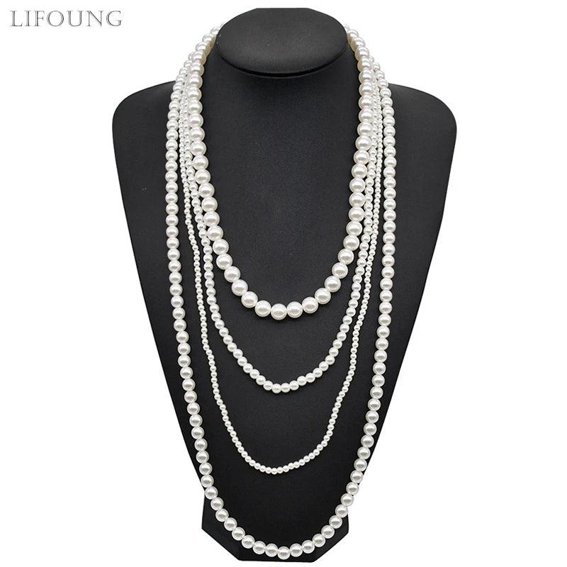 Classic Multilayer Pearl Necklace for Women Long Sweater Chain