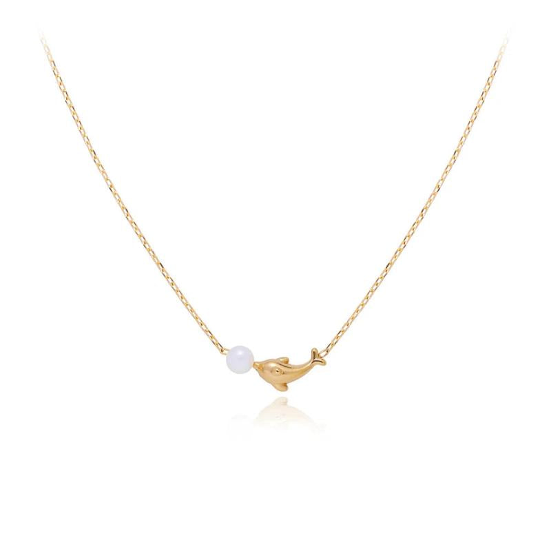 RHYSONG Dolphin Pendant Necklace Stainless Steel Chain Freshwater Pearl Charm