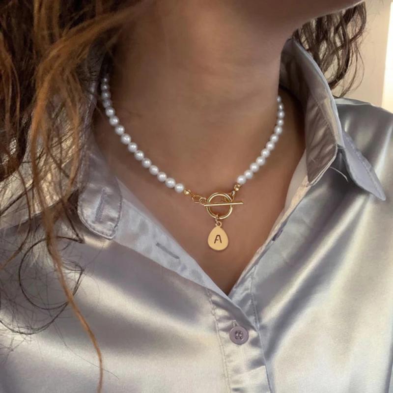 Initial Letter Necklace Women Stainless Steel Pendant with Toggle Clasp