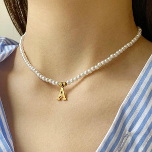 Stainless Steel Initial Pendant Necklace with Simulated Pearls