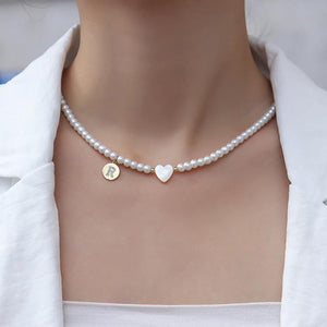 Heart Necklace Women Initial Letter Pearl Bead Necklace Jewelry Gift