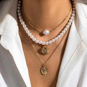 Multilayer Pearl Necklace Geometric Starfish Pendant Choker Boho Beach Jewelry