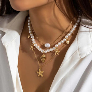 Multilayer Pearl Necklace Geometric Starfish Pendant Choker Boho Beach Jewelry