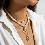 Multilayer Pearl Necklace Geometric Starfish Pendant Choker Boho Beach Jewelry