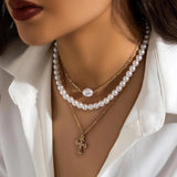 Multilayer Pearl Necklace Geometric Starfish Pendant Choker Boho Beach Jewelry