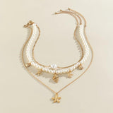 Multilayer Pearl Necklace Geometric Starfish Pendant Choker Boho Beach Jewelry