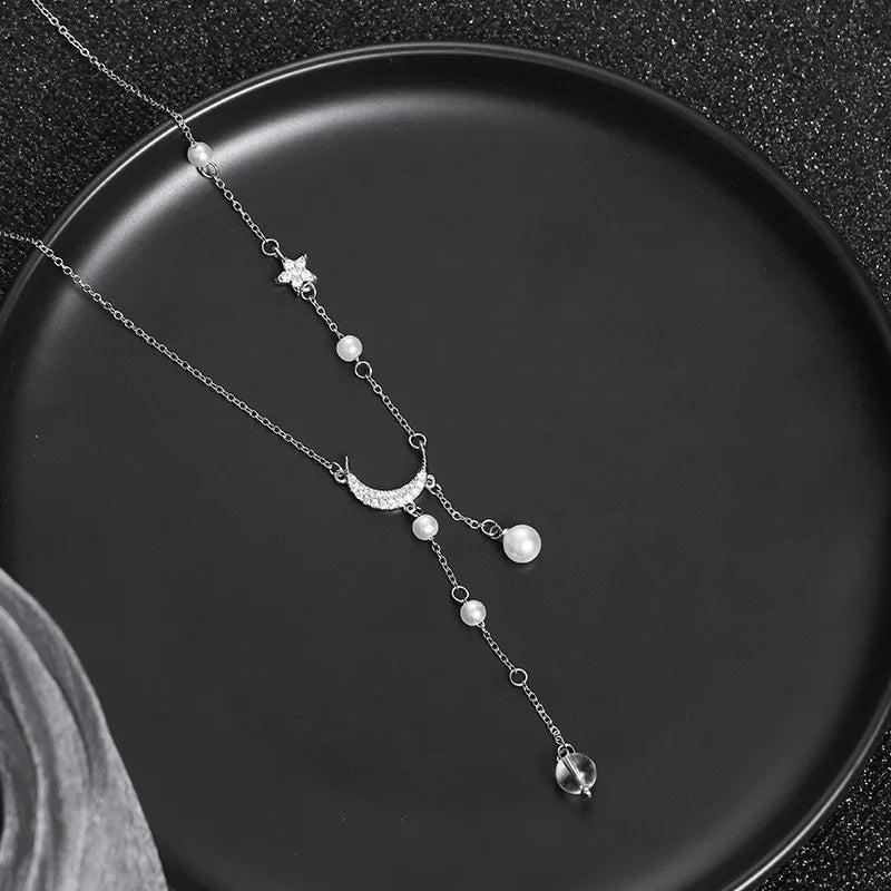 Star Moon Pearl Tassel Chain Necklace for Women
