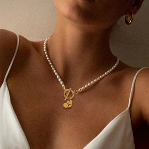 Heart Initial Letter Pendant Pearl Necklace for Women