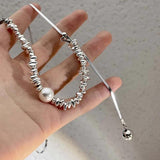 Silver Irregular Pearl Tassel Necklace Long Pulling Adjustable Clavicl