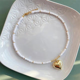 Moon Heart Pendant Pearl Necklace Choker Polymer Clay Heishi Beads Collar