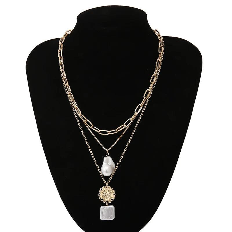 Vintage Baroque Pearl Chain Necklace For Women Flower Pendant Collar