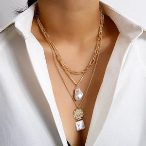 Vintage Baroque Pearl Chain Necklace For Women Flower Pendant Collar