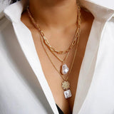 Vintage Baroque Pearl Chain Necklace For Women Flower Pendant Collar