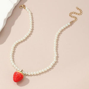 Resin Strawberry Necklace for Women Girls Round Pearl Choker Jewelry