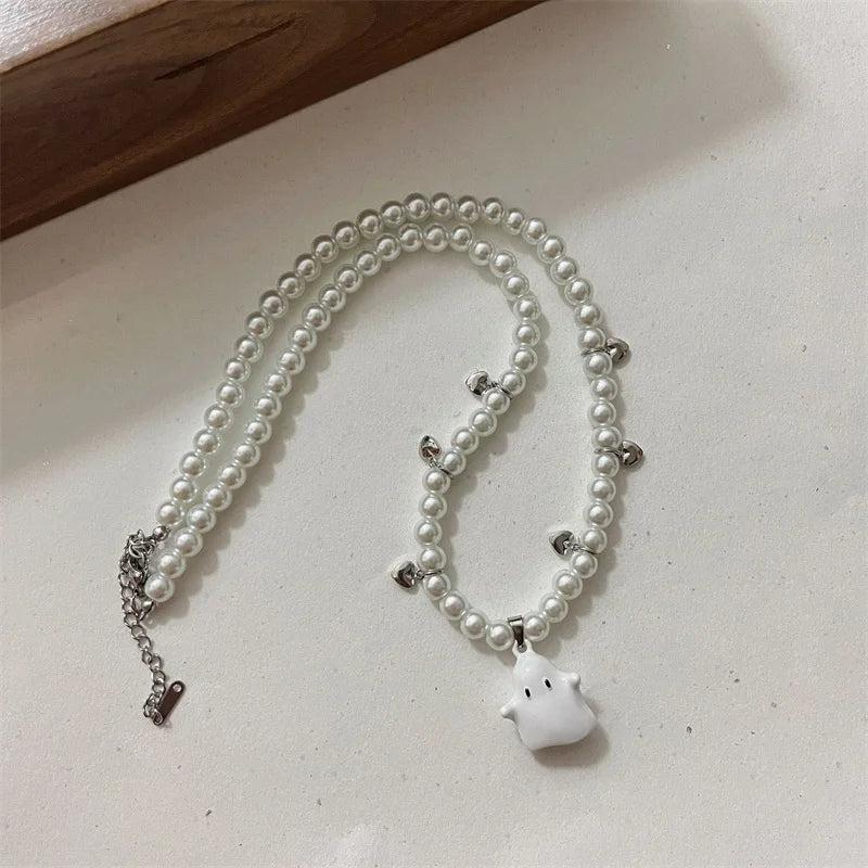 Evil Spirit Drop Earrings & Pearl Ghost Necklace Set