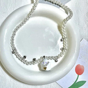 Cartoon Ghost Pendant Necklace Sweet Heart Charms Beaded Choker Y2k Jewelry