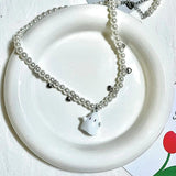 Cartoon Ghost Pendant Necklace Sweet Heart Charms Beaded Choker Y2k Jewelry