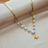 316L Stainless Steel Pearl Butterfly Pendant Necklace For Women