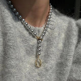 Grey Simulated Pearl Beaded Necklace with OT Toggle Clasp