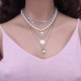 Layered Pearl Chain Choker Necklace Collar Statement Charm Coin Crystal Pendant