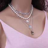 Layered Pearl Chain Choker Necklace Collar Statement Charm Coin Crystal Pendant