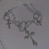 Sweet Cross Pendant Necklace Girls Love Heart Beads Choker Necklace