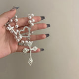 Sweet Cross Pendant Necklace Girls Love Heart Beads Choker Necklace