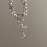 Sweet Cross Pendant Necklace Girls Love Heart Beads Choker Necklace