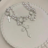 Sweet Cross Pendant Necklace Girls Love Heart Beads Choker Necklace