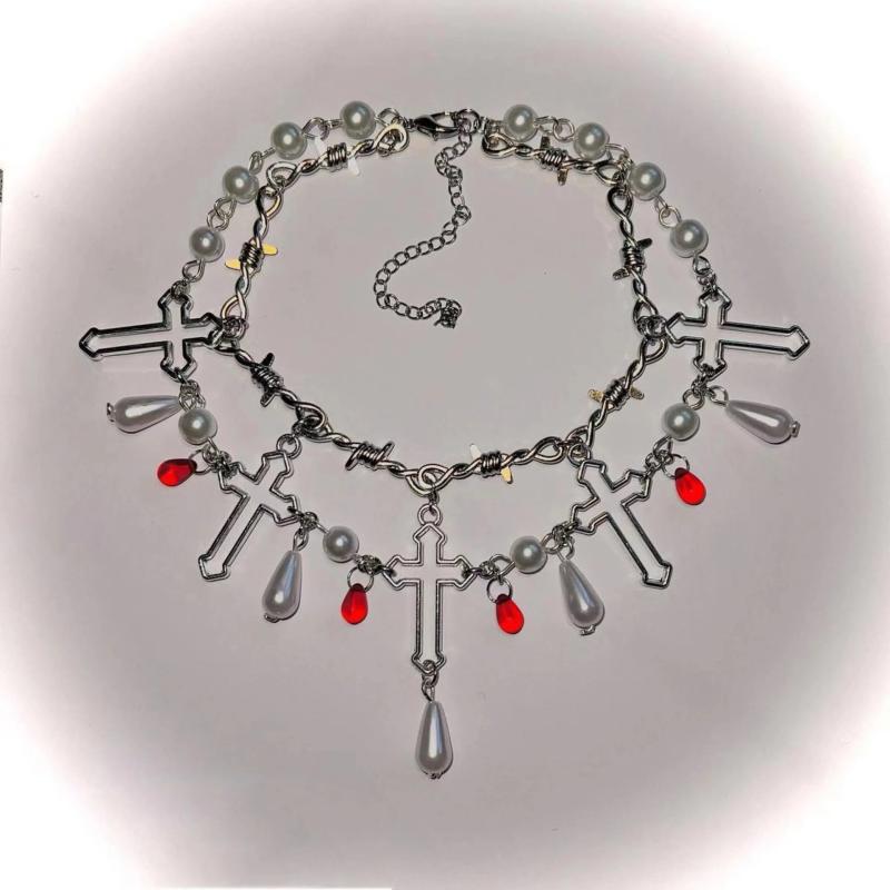 Vintage Crystal Pearl Cross Thorns Choker Necklace for Women