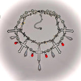 Vintage Crystal Pearl Cross Thorns Choker Necklace for Women
