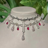 Vintage Crystal Pearl Cross Thorns Choker Necklace for Women