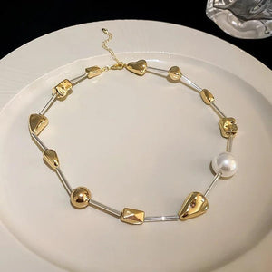 Korean Irregular Geometric Pearl Necklace Charm Chain Choker