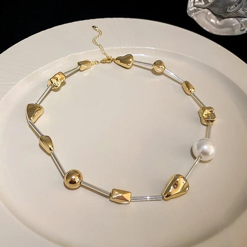 Korean Irregular Geometric Pearl Necklace Charm Chain Choker