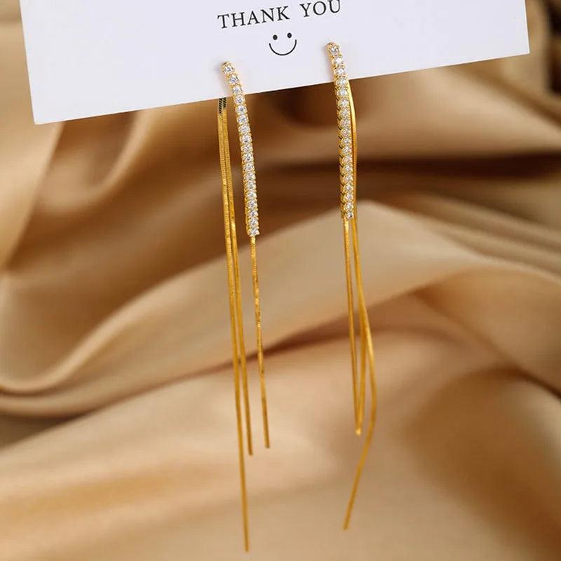 925 Silver Long Tassel Earrings Zircon Wedding Jewelry