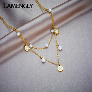 316L Stainless Steel Heart Butterfly Pearls Necklace 2 Layers Choker Chain