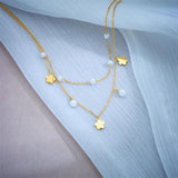 316L Stainless Steel Heart Butterfly Pearls Necklace 2 Layers Choker Chain