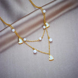 316L Stainless Steel Heart Butterfly Pearls Necklace 2 Layers Choker Chain