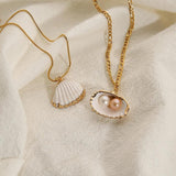 INS Stainless Steel Chain Plated Shell Freshwater Pearl Pendant Necklace