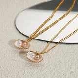 INS Stainless Steel Chain Plated Shell Freshwater Pearl Pendant Necklace