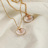INS Stainless Steel Chain Plated Shell Freshwater Pearl Pendant Necklace